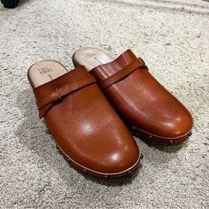 brown studded slip on clogs